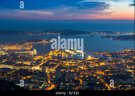 Europe, France, Var, Toulon. View from the Mont Faron, Toulon harbor by night. Stock Photo