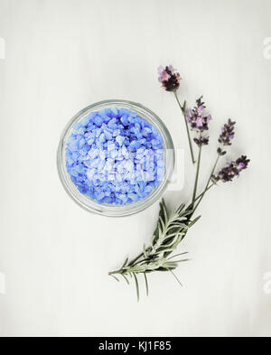 Lavender sea salt in glass jar, top view Stock Photo
