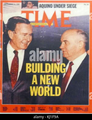 1989 cover of Time Magazine showing US President George H W Bush and Russian leader Gorbachev. 1989. Mikhail Gorbachev (born 2 March 1931) Soviet statesman. He was the final leader of the Soviet Union, having been General Secretary of the Communist Party of the Soviet Union from 1985 until 1991, head of state from 1988 until its dissolution in 1991. President of the Soviet Union from 1990 to 1991). Stock Photo