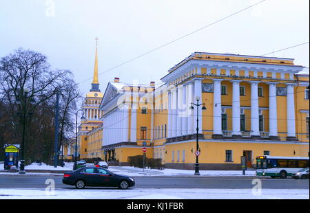 The Admiralty building is the former headquarters of the Admiralty Board and the Imperial Russian Navy in St. Petersburg, Russia and the current headquarters of the Russian Navy The edifice was re-built in the nineteenth century to support the Tsar's maritime ambitions. The original design was a fortified shipyard which was later surrounded by five bastions and further protected by a moat. The Empire Style edifice visible today lining the Admiralty Quay was constructed to Andreyan Zakharov's design between 1806 and 1823. Stock Photo