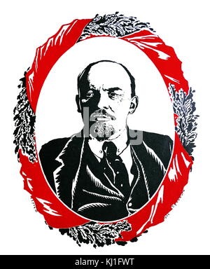 illustration, commemorating Vladimir Lenin. 1927. Vladimir Ilyich Ulyanov, better known as Lenin (1870 – 1924), was a Russian communist revolutionary, politician, and political theorist. He served as head of government of the Russian Republic from 1917 to 1918, of the Russian Soviet Federative Socialist Republic from 1918 to 1924, and of the Soviet Union from 1922 to 1924. Stock Photo