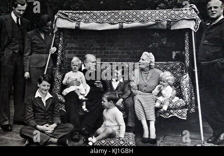 Sir Winston and lady Clementine Churchill with grandchildren 1951. Sir Winston Churchill (1874 – 1965) was a British statesman who was the Prime Minister of the United Kingdom from 1940 to 1945 and again from 1951 to 1955. Stock Photo