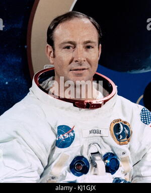 Edgar Dean 'Ed' Mitchell (September 17, 1930 – February 4, 2016); NASA astronaut. As the Lunar Module Pilot of Apollo 14, he spent nine hours working on the lunar surface in the Fra Mauro Highlands region, making him the sixth person to walk on the Moon. Stock Photo