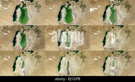 Satellite image of the shrinking of the Aral Sea from 2000 to 2013. The Aral Sea, is a lake lying between Kazakhstan, in the north and Uzbekistan in the south. The name roughly translates as 'Sea of Islands', referring to over 1,100 islands that once dotted its waters; Formerly one of the four largest lakes in the world with an area of 68,000 km2 (26,300 sq mi), the Aral Sea has been steadily shrinking since the 1960s after the rivers that fed it were diverted by Soviet irrigation projects. Stock Photo