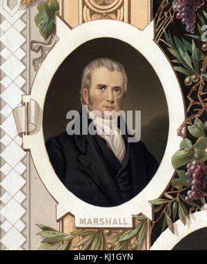 John Marshall (1755 – 1835) Chief Justice of the Supreme Court of the United States (1801–1835). Previously, Marshall had been a leader of the Federalist Party in Virginia and served in the United States House of Representatives from 1799 to 1800. He was Secretary of State under President John Adams from 1800 to 1801 Taken from an illustration of 1800 titled 'Distinguished masons of the revolution'