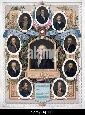 illustration of 1800 titled 'Distinguished masons of the revolution' Includes Lafayette, George Washington and Benjamin Franklin. Stock Photo