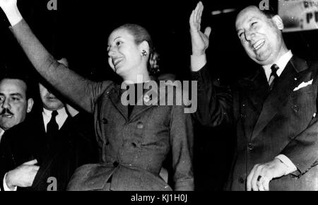 Juan Domingo Peron with his wife Evita Peron in 1951. Juan Peron (1895 – 1974) Argentine general and politician. He was elected President of Argentina, serving from 1946 to 1955 and from 1973 until his death in July 1974. (Evita Peron) María Eva Duarte de Peron 1919-1952), was the second wife of Argentine President Juan Peron and served as the First Lady of Argentina from 1946 until her death in 1952. Stock Photo