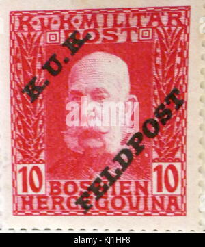 Austro-Hungarian stamp depicting, Franz Joseph I or Francis Joseph I (1830 – 1916) was Emperor of Austria and King of Hungary, Croatia and Bohemia from 2 December 1848 until his death on 21 November 1916. Stock Photo