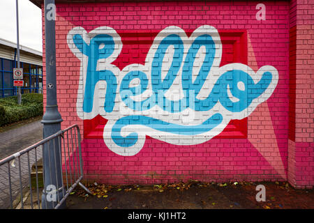 Hello painted on a brick wall in Leeds Stock Photo