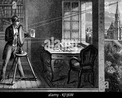 Engraving depicting a concave mirror. The diagram showing the virtual focus when the light source is inside the principal focus. Dated 19th Century Stock Photo