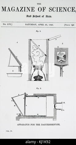 Engraving depicting apparatus used to take and develop daguerreotype photographs invented by Louis Daguerre. Louis Daguerre (1787-1851) a French artist, inventor and photographer. Dated 19th Century Stock Photo