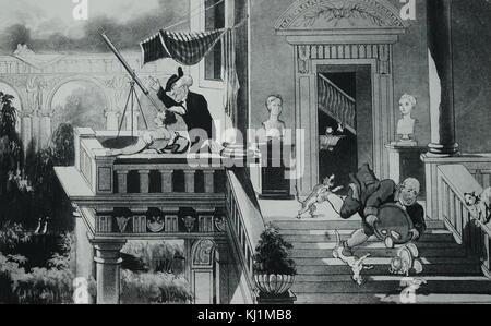 Cartoon depicting Dr Syntax showing a young lady the stars with a small telescope, while the manservant trips over the dog and falls headlong down the steps. Dated 19th Century Stock Photo