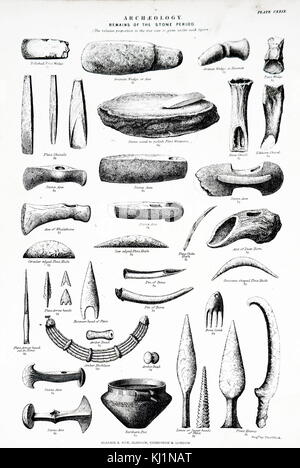 Engraving depicting the remains of Stone Age tools including: Polished front wedge, granite wedge or axe, granite wedge or hammer, and pins. Dated 19th Century Stock Photo
