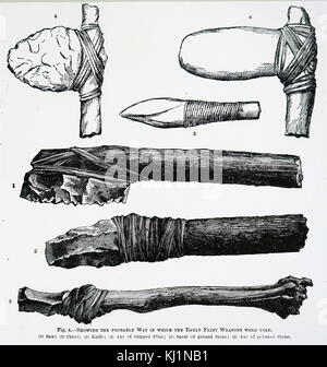 Engraving depicting the reconstruction of the likely method of mounting stone Age implements. Dated 19th Century Stock Photo