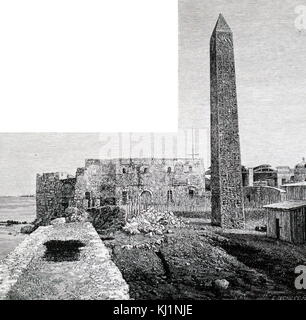 Engraving depicting Cleopatra's Needle as it stood in Alexandria. One of a pair from Heliopolis which were given to England and America. One is now of the Thames Embankment and the other in Central Park, New York. Dated 19th Century Stock Photo