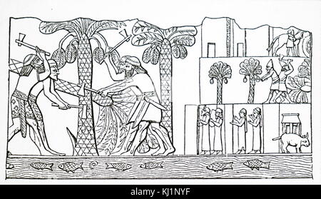 Engraving of a bas-relief depicting Assyrians cutting down the date palms in a conquered city. Dated 19th Century Stock Photo