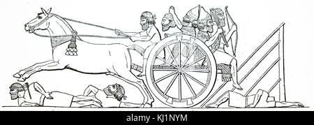 Engraving of a bas-relief depicting Assyrian warriors in a cart captured from the enemy. Dated 19th Century Stock Photo