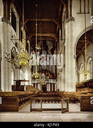 photomechanical print dated to 1900, depicting the interior of the Grote of Sint-Laurenskerk (Great, or St. Lawrence Church); Protestant church in Rotterdam. It is the only remnant of the medieval city of Rotterdam. The church was built between 1449 and 1525. In 1621 a wooden spire was added to the tower, designed by Hendrick de Keyser. Poor quality of its wood caused the spire to be demolished in 1645. A stone cube was added to the tower, which proved too heavy for the foundation in 1650. In the Rotterdam Blitz on May 14, 1940 the Laurenskerk was heavily damaged. Stock Photo