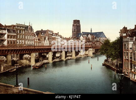 photomechanical print dated to 1900, depicting the Kolk and cathedral area of Rotterdam. This was destroyed during the German invasion of 1940 at the outset of world war Two, Stock Photo