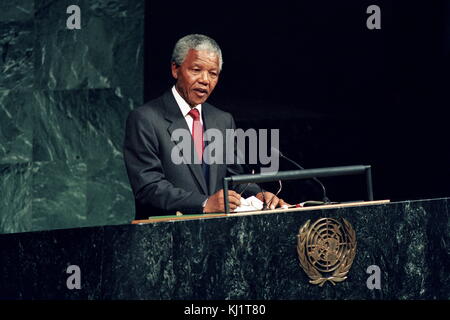 Nelson Rolihlahla Mandela (1918 – 2013); South African anti-apartheid politician; served as President of South Africa from 1994 to 1999. seen here addressing the UN General Assembly in 1990 Stock Photo