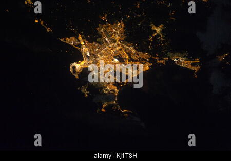 International Space Station view of Cape town, from 220 miles above Earth. night image of the southern tip of the African continent featuring Cape town, South Africa. Stock Photo
