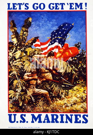 This World War II recruiting poster shows marines bearing rifles with bayonets in a jungle: 'Let's go get 'em! U.S. Marines,' c. 1942. Stock Photo