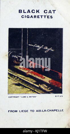 Black Cat Cigarettes, World war One, propaganda card showing: From Liege to Aix-la-Chappelle. Satirical cartoon depicting a train carrying German dead back to Germany from Belgium. Illustration for The Great War A Neutral's Indictment. Dated 20th Century Stock Photo