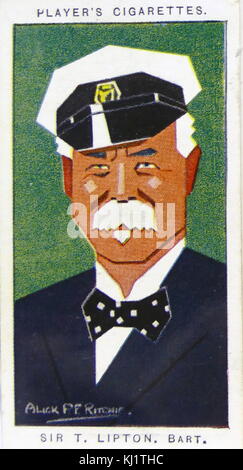 Player's cigarette card depicting Sir Thomas Johnstone Lipton, 1st Baronet,  (1848 – 1931) Ulster-Scots self-made man, merchant, and yachtsman. He  engaged in extensive advertising for his chain of grocery stores and his