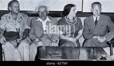 Photograph of Prime Minister David Ben-Gurion meeting with other officials. Left to right: Major-General E.L.M. Burns, of Canada, newly appointed Chief of Staff of the United Nations Truce Supervision Organization (UNTSO) in Palestine; Prime Minister David Ben-Gurion of Israel; Israeli Foreign Minister Golda Meir and United Nations Secretary-General Dag Hammarskjold. Dated 20th Century Stock Photo