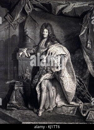 Engraved portrait of King Louis XIV (1638-1715) by Pierre Drevet (1663-1738) a French artist and engraver. Dated 18th Century Stock Photo