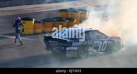 November 19, 2017: Danica Patrick, driver of the (10) Aspen Dental Ford, leaves the racing car after catching fire during the 19th Annual Ford EcoBoost 400 - Monster Energy NASCAR Cup Series - championship race at the Homestead-Miami Speedway in Homestead, Fla. Mario Houben/CSM Stock Photo