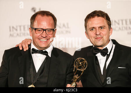 New York, USA. 20th November, 2017. New York, United States. 20th Nov, 2017. Gjermund Stenberg Eriksen and Vegard Stenberg Eriksen pose in the award room after wining the award for Mammon II, best Drama Series, at the 45th International Emmy awards gala in New York city on November 20, 2017. The International Emmy Award is an award ceremony bestowed by the International Academy of Television Arts and Sciences in recognition to the best television programs initially produced and aired outside the United States. (PHOTO: WILLIAM VOLCOV/BRAZIL PHOTO PRESS) Credit: Brazil Photo Press/Alamy Live New
