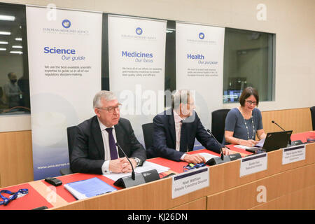London, UK. 21st Nov, 2017. A press briefing by Guido Rasi, Executive Director of EMA and Noel Whation Deputy Executive Director of EMA European Medecines Agency who addressed the media after the anouncement to relocate to Amsterdam was taken by the General Affairs Council of 27 EU member states which was influenced by Brexit and the decision of the United Kingdom to leave the European Union. Credit: amer ghazzal/Alamy Live News Stock Photo