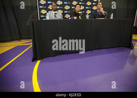 El Segundo, California, USA. 23rd June, 2017. Dodgers pitcher Kenley Jansen,  wearing a Lakers jersey, shares a moment with Lakers draft pick Lonzo Ball  after he threw out the first pitch at