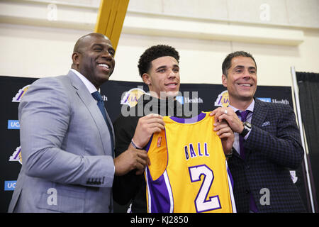 El Segundo, California, USA. 23rd June, 2017. Lakers draft pick Lonzo Ball  hangs out next to the dugout with friends and brother LaMelo Ball before  throwing out the first pitch at Dodger