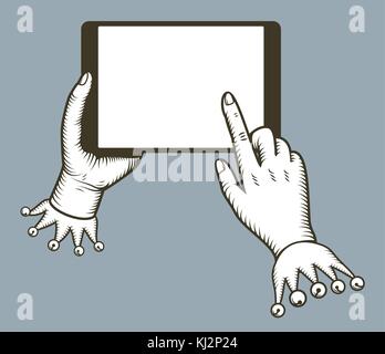 Hands holing tablet computer with tap finger on blank screen. Digital tablet pc similar to ipad. Using tablet for online purchasing, E-commerce. Stylized old engraving, retro, vintage, design concept Stock Vector