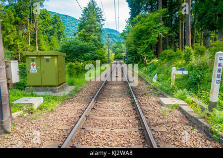HAKONE, JAPAN - JULY 02, 2017: Railway of Hakone Tozan cable train line at Gora station in Hakone, Japan Stock Photo