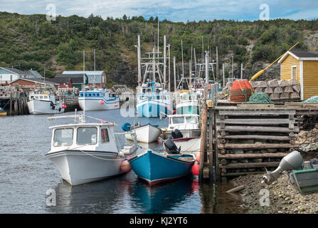 Small Harbor in Newfoundland:  Fishing boats  gather beside rustic wooden docks stacked with lobster traps near the village of Trout River. Stock Photo