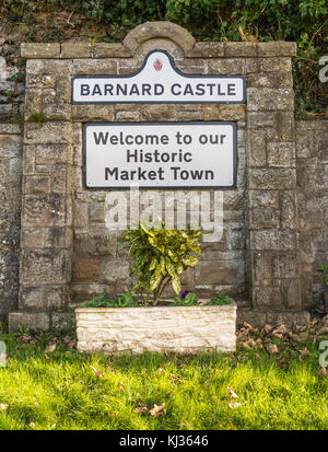 Sign welcoming visitors to the historic market town of Barnard Castle, North East England, UK Stock Photo