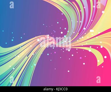 Abstract multicolored template with curved striped elements on pink and purple background, flowing lines Stock Vector