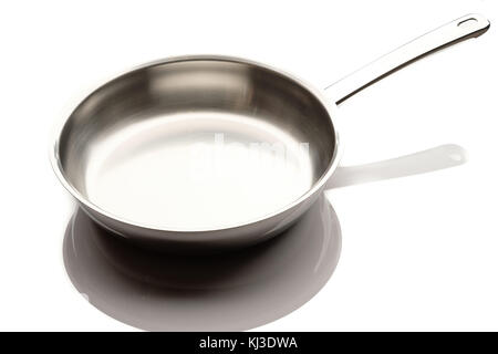 Kitchen utensil stainless steel frying pan with mirroring on white background Stock Photo
