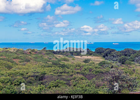 Green coastal vegetation against sea ships and blue cloudy sky landscape view from Umhlanga ridge in Durban, South Africa Stock Photo