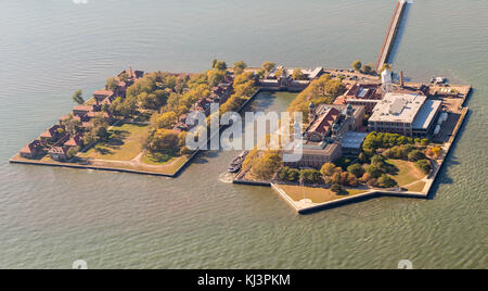 Stunning aerial view of Ellis Island, New York from a helicopter.