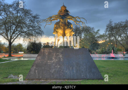 Genghis Khan Statue wearing Mongolian armour on his steed in by Marble Arch and Cumberland Gate. Stock Photo