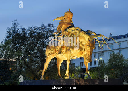 Genghis Khan Statue wearing Mongolian armour on his steed in by Marble Arch and Cumberland Gate. Stock Photo