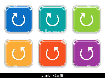 Set of rounded square colorful buttons with arrow and reload symbol in blue, green, yellow, purple and orange colors Stock Photo