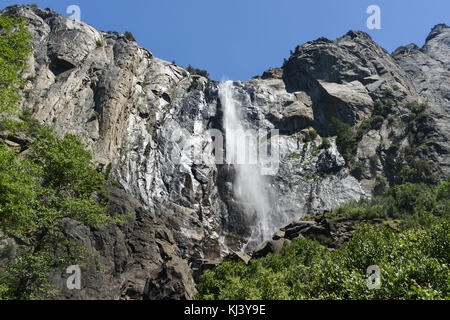 Bridalveil Fall is one of the most prominent waterfalls in the Yosemite Valley in California Stock Photo