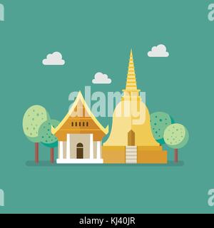 Golden pagoda and buddhism temple. Flat style vector illustration Stock Vector