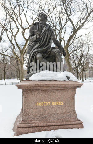 Monument to Scottish Poet Robert Burns in Central Park, New York in the winter. Stock Photo