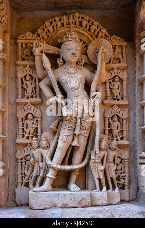 Carved idol of Lord Rama on the inner wall and pillars of Rani ki vav. Patan in Gujarat, India. Stock Photo